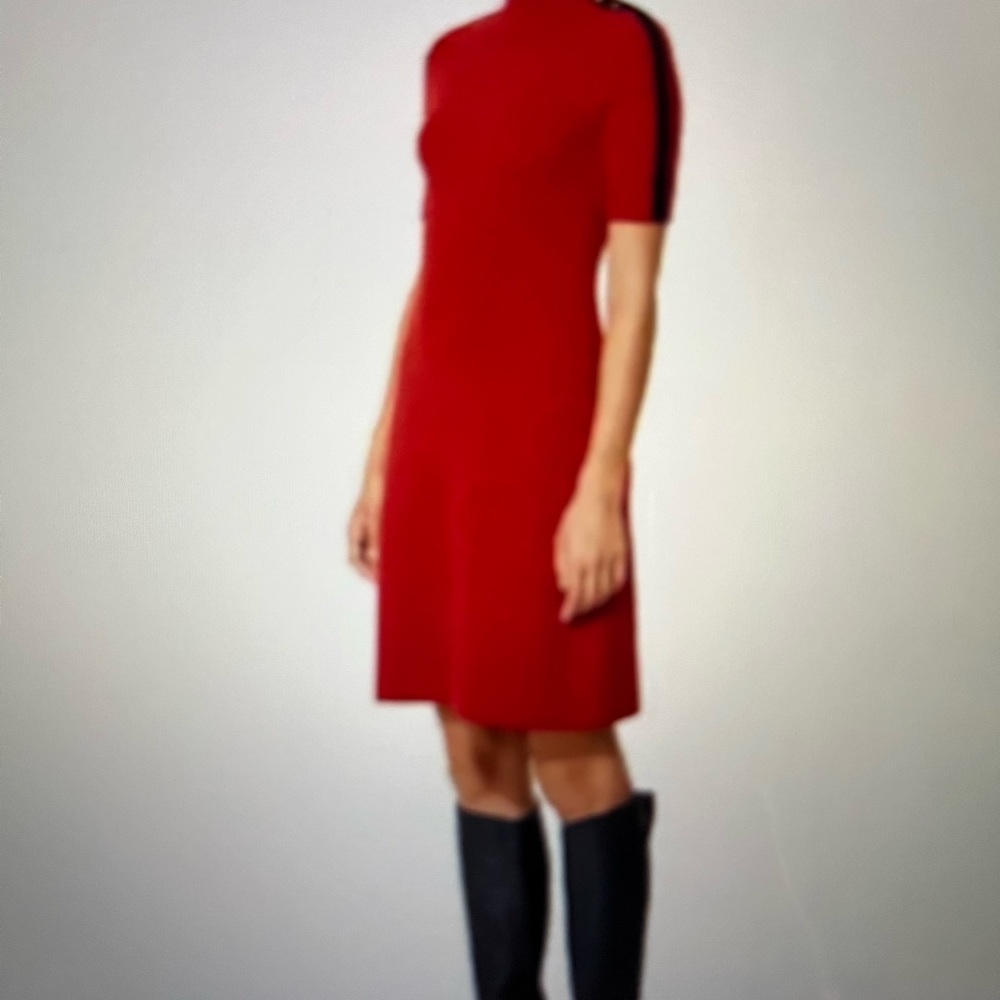 Tory Burch Red Sweater Dress with contrast Navy shoulder trim with Gold Buttons